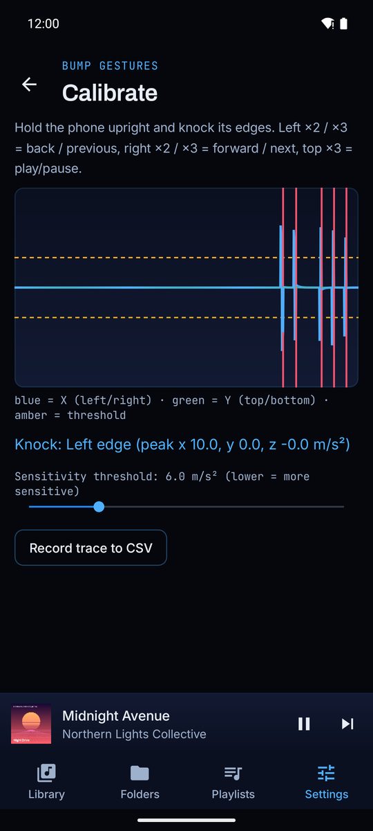 The calibration screen, with a live trace of the motion sensor and a marker for each knock.